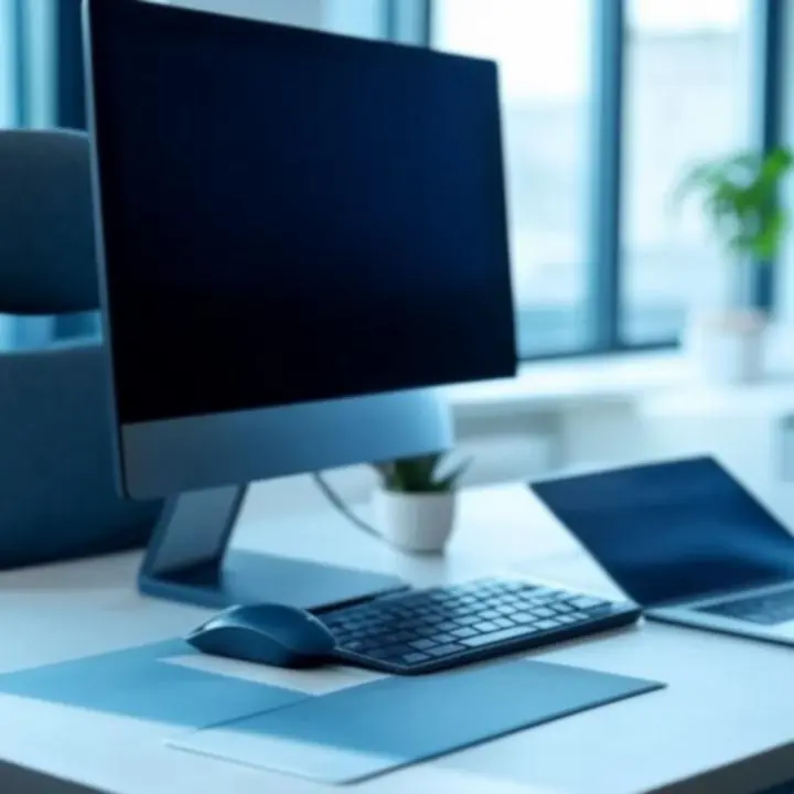 Nowoczesne stanowisko komputerowe z monitorami i akcesoriami