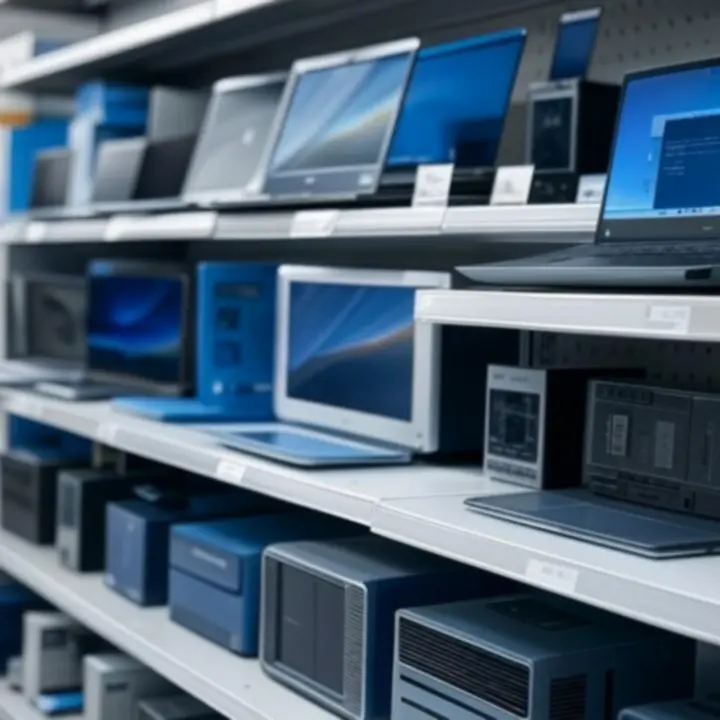 Półka z komputerami, laptopami i monitorami reprezentująca najwyżej ocenione produkty